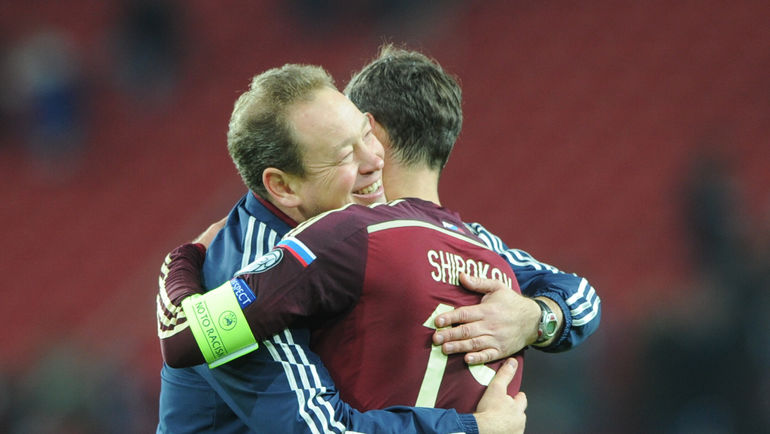 12 октября 2015 года. Москва. Россия - Черногория - 2:0. Леонид СЛУЦКИЙ и Роман ШИРОКОВ. Фото Федор УСПЕНСКИЙ,