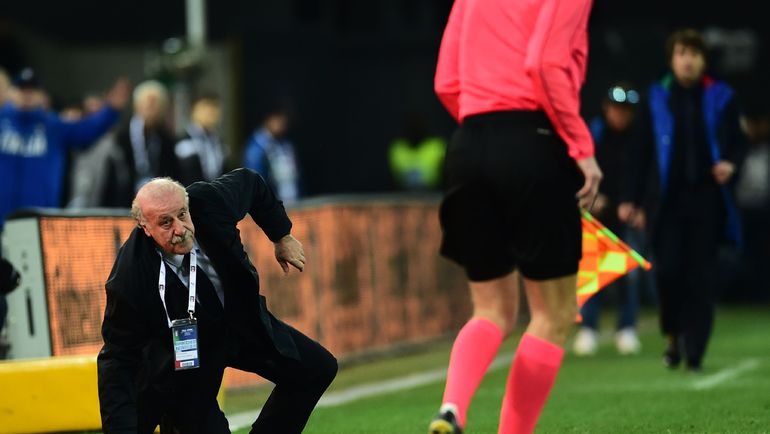 March 24, Udine, Italy... - Spain - 1: 1. The head coach Vicente del Bosque guests fell after colliding with the referee Photo AFP 