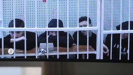 26 февраля. Москва. Александр Протасовицкий, Кирилл Кокорин, Павел Мамаев и Александр Кокорин (слева направо) участвуют в заседании суда по видеосвязи из СИЗО "Бутырка".