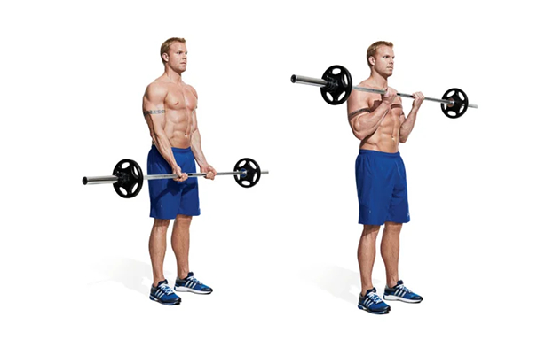Lifting the bar for biceps while standing.
