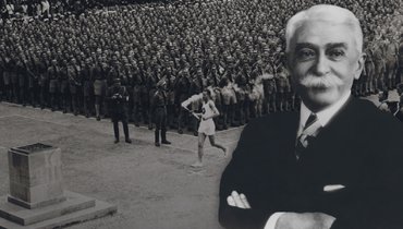 Зажжение олимпийского огня на Олимпиаде в Берлине в 1936 году и Пьер де Кубертен.
