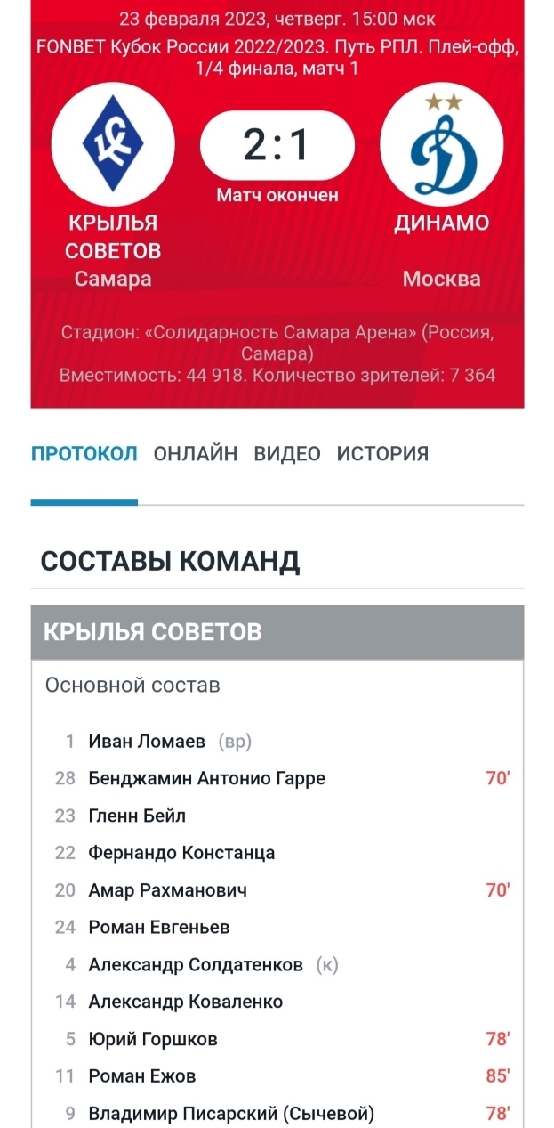 Протокол матча «Крылья Советов» — «Динамо» на сайте РФС.