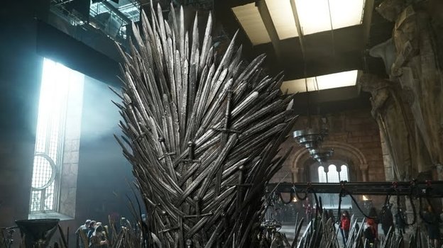Железный трон в Большом зале Красного замка из сериала «Дом дракона»..