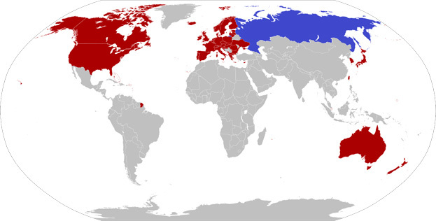 Карта недружественных государств (выделены красным)