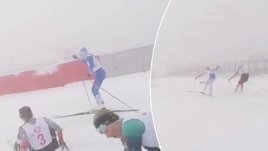 Массовый завал во время лыжного масс-старта в Сочи