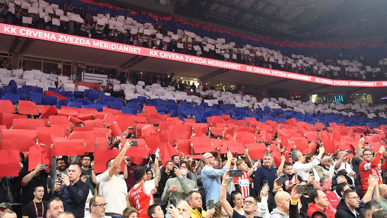 болельщики с флагами на трибунах баскетбольного матча