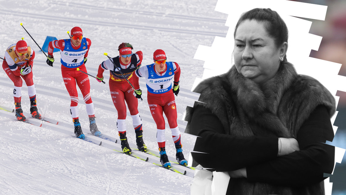 Российские лыжники Александр Большунов, Артем Мальцев, Савелий Коростелев, Сергей Ардашев и президент ФЛГР Елена Вяльбе
